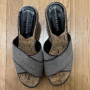 Donald J. Pliner Black and Gray Crossband Cork Wedge Mules